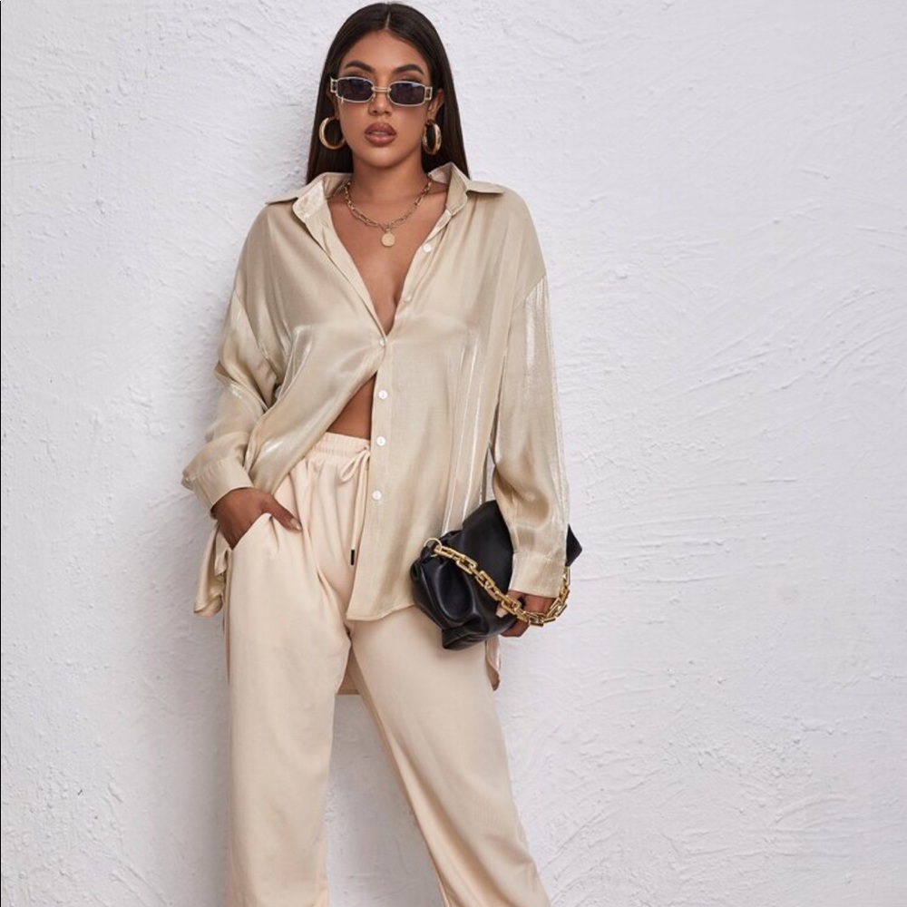 oversized shimmery button up